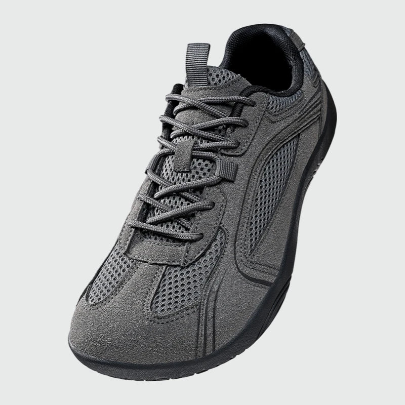 Dannto Aero N1 - men's and women's gray wide toe box barefoot shoes shown from a three quarter view