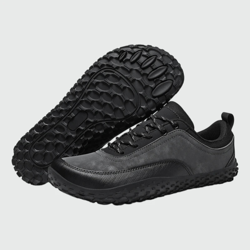 Aero N4 - gray wide toe box barefoot for men women shown from a three quarter view