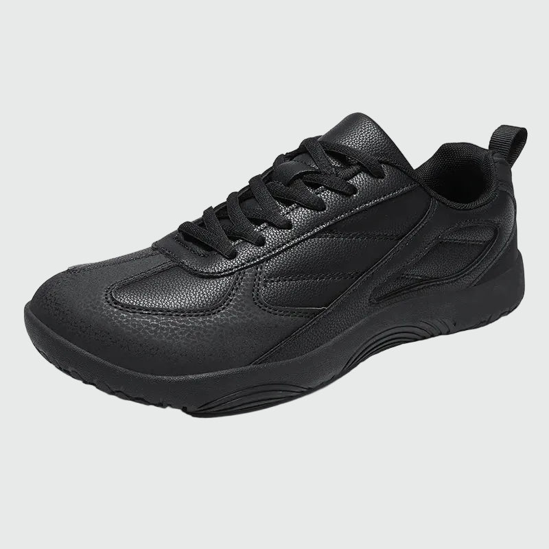 Dannto all black casual barefoot shoes shown from a three quarter view