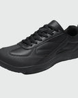 Dannto all black casual barefoot shoes shown from a three quarter view