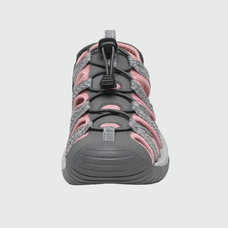 Sandali da trekking chiusi con punta Dannto da donna S2 grigio rosa mostrati di fronte
