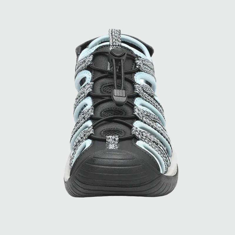 Sandali da trekking chiusi in punta da donna Dannto S2 nero blu mostrati di fronte