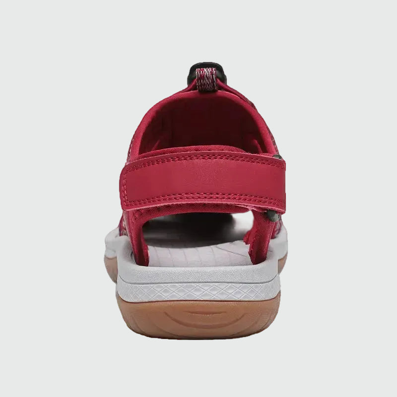 Sandali da trekking chiusi da donna Dannto S2 rossi mostrati da dietro