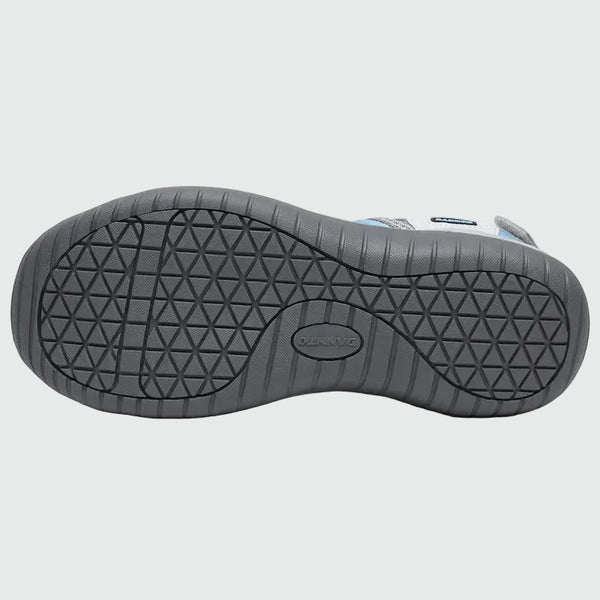 Sandali da trekking chiusi in punta da donna Dannto S2 bianco blu mostrati dal basso