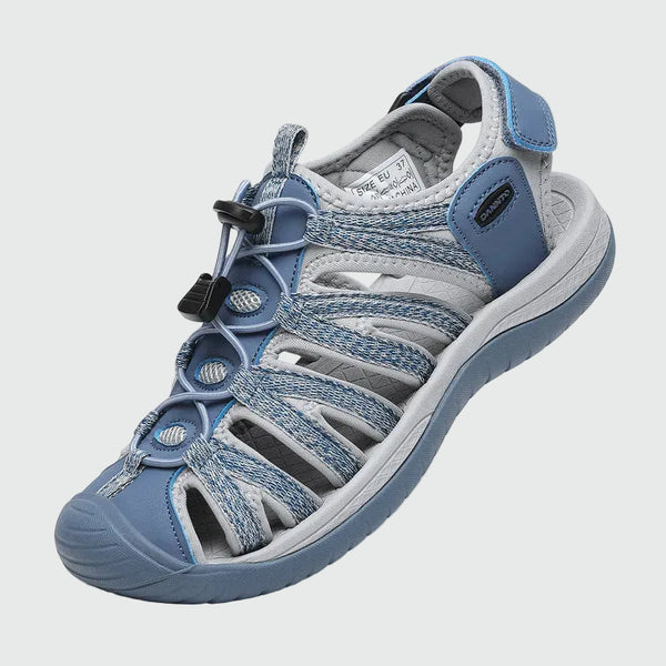 Sandali da trekking chiusi da donna Dannto S2 blu mostrati da una vista di tre quarti