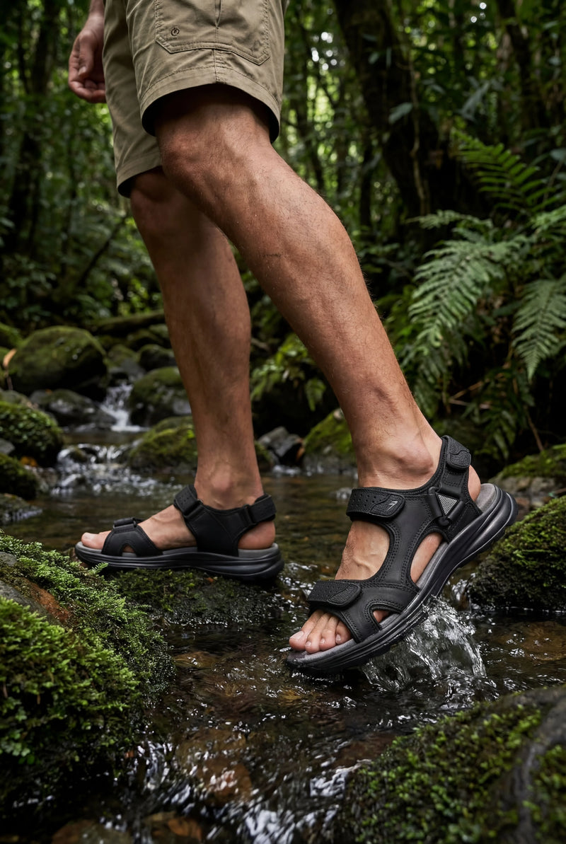 Sandali sportivi outdoor neri da uomo con cinturini regolabili, suola antiscivolo per escursioni e attività acquatiche